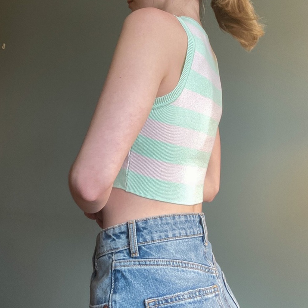 Zara Green and Pink/White High Neck Crop Top